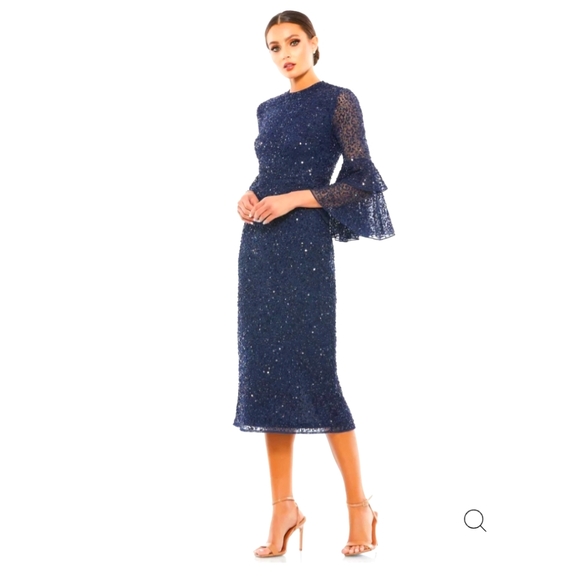 NWT Mac Duggal Fully Sequined Ruffle Tiered Bell Sleeve Midi Dress Navy 14 10802 - Picture 1 of 8